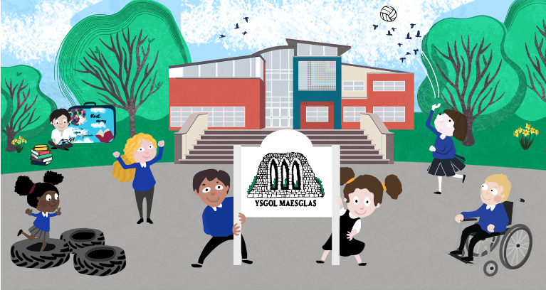 Mobile Header Illustration of Ysgol Maesglas and children